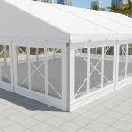 Set of three silver-framed glass wall panels for event tents, offering clear views and a modern enclosed event space