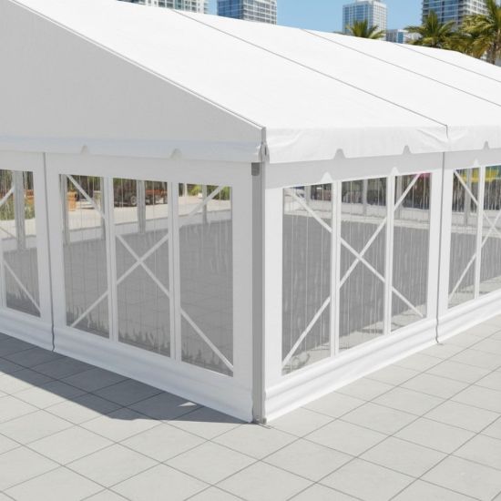 Set of three silver-framed glass wall panels for event tents, offering clear views and a modern enclosed event space