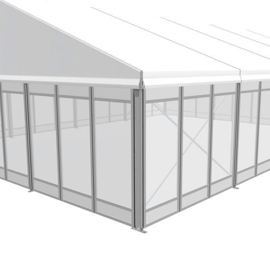 Set of three silver-framed glass wall panels for event tents, offering clear views and a modern enclosed event space
