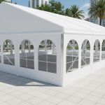 10′ white vinyl tent sidewall with cathedral window, ideal for wedding tents and elegant outdoor event setups