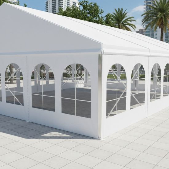 10′ white vinyl tent sidewall with cathedral window, ideal for wedding tents and elegant outdoor event setups
