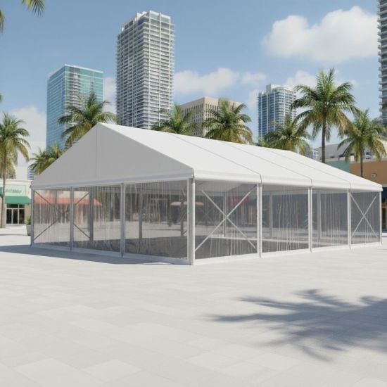 10′ clear vinyl tent sidewall for event tents, providing weather protection while maintaining full visibility and natural light