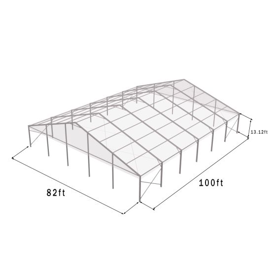 82'x100' heavy-duty event tent with silver metal frame and clear pitched roof, open-sided structure shown in product rendering with cross-bracing and dimensions