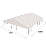 82'x100' heavy-duty event tent with silver frame and white pitched roof, open-sided structure displayed in product rendering with visible support framing