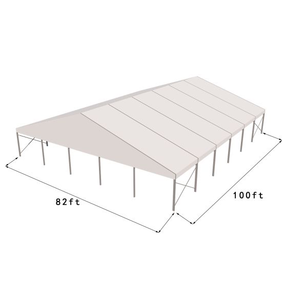 82'x100' heavy-duty event tent with silver frame and white pitched roof, open-sided structure displayed in product rendering with visible support framing