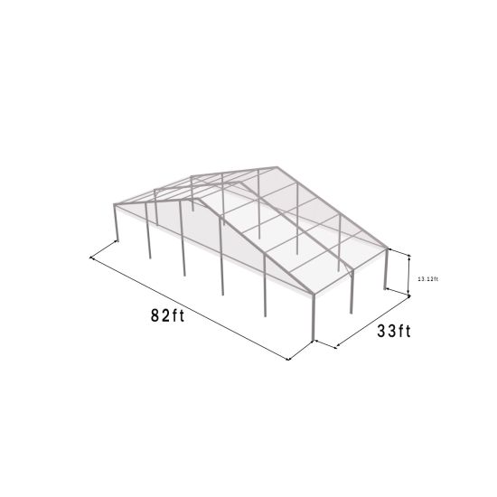 82'x33' heavy-duty event tent with silver metal frame and clear pitched roof, open-sided structure shown in product rendering with cross-bracing and dimensions