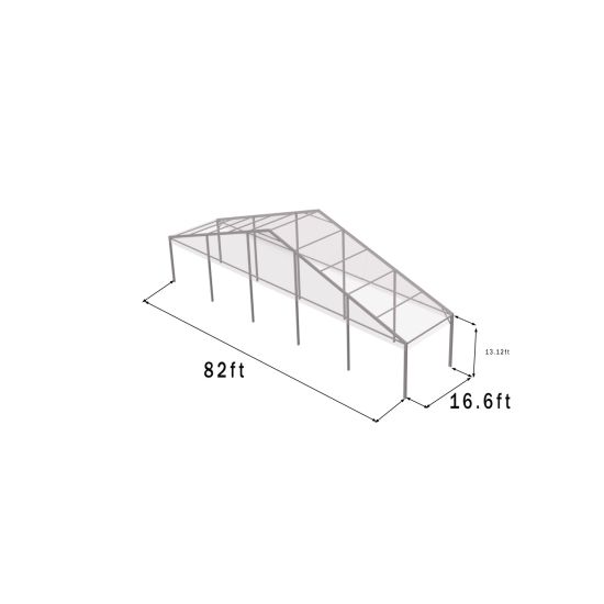 82'x16.6' heavy-duty event tent with silver metal frame and clear pitched roof, open-sided structure shown in product rendering with cross-bracing and dimensions