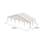 82'x33' heavy-duty event tent with silver frame and white pitched roof, open-sided structure displayed in product rendering with visible support framing