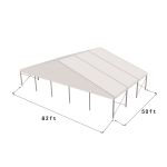 82'x50' heavy-duty event tent with silver frame and white pitched roof, open-sided structure displayed in product rendering with visible support framing
