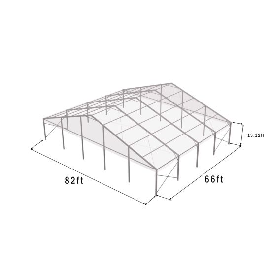 82'x66' heavy-duty event tent with silver metal frame and clear pitched roof, open-sided structure shown in product rendering with cross-bracing and dimensions