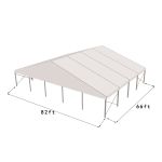 82'x66' heavy-duty event tent with silver frame and white pitched roof, open-sided structure displayed in product rendering with visible support framing