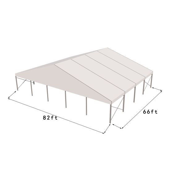 82'x66' heavy-duty event tent with silver frame and white pitched roof, open-sided structure displayed in product rendering with visible support framing