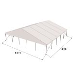 82'x82' heavy-duty event tent with silver frame and white pitched roof, open-sided structure displayed in product rendering with visible support framing