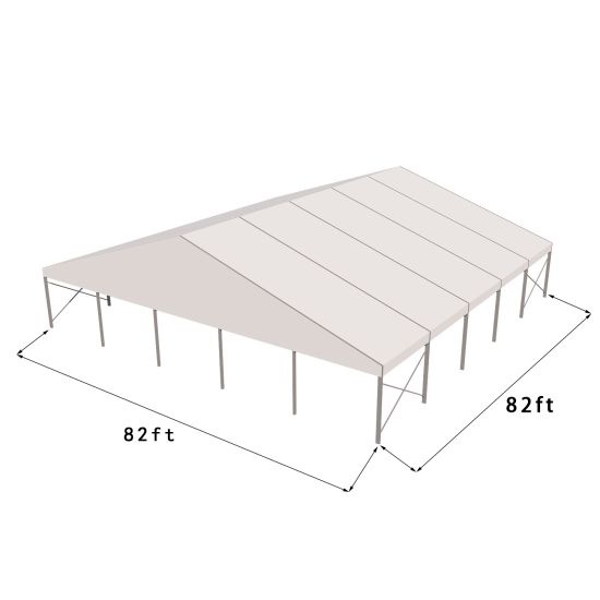 82'x82' heavy-duty event tent with silver frame and white pitched roof, open-sided structure displayed in product rendering with visible support framing