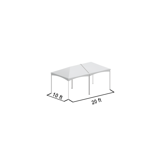 10'x20' frame tent with white top and peaked roof design, open-sided structure with labeled dimensions for outdoor events, weddings, and tent rentals