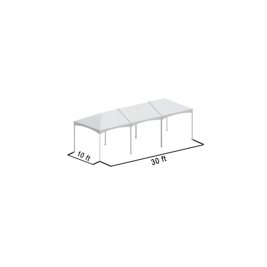 10'x30' frame tent with white top and peaked roof design, open-sided structure with labeled dimensions for outdoor events, weddings, and tent rentals