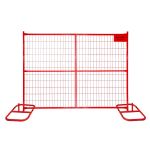 Red metal portable fence panel with wire mesh grid and stabilizing feet, temporary safety barrier for event perimeters, crowd control, and restricted areas
