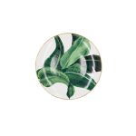 Banana leaf dessert plate with green tropical foliage print and thin gold rim, round design on a white background for island-inspired tables