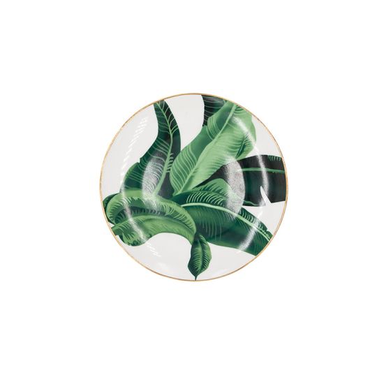 Banana leaf dessert plate with green tropical foliage print and thin gold rim, round design on a white background for island-inspired tables