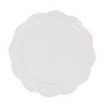 Bordallo embossed dinner plate in white with raised leaf-inspired rim texture and scalloped edge, round design on a white background for tables