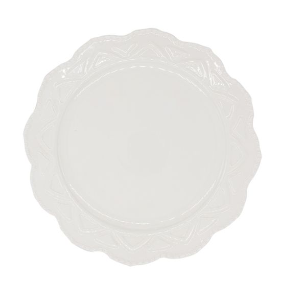 Bordallo embossed dinner plate in white with raised leaf-inspired rim texture and scalloped edge, round design on a white background for tables