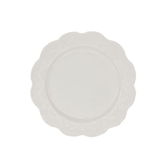Bordallo embossed salad plate in white with raised rim detailing and scalloped edge, round elegant design on a white background for weddings