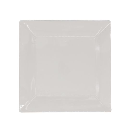 White square dinner plate with wide raised rim and angled corners, large square plate on a white background