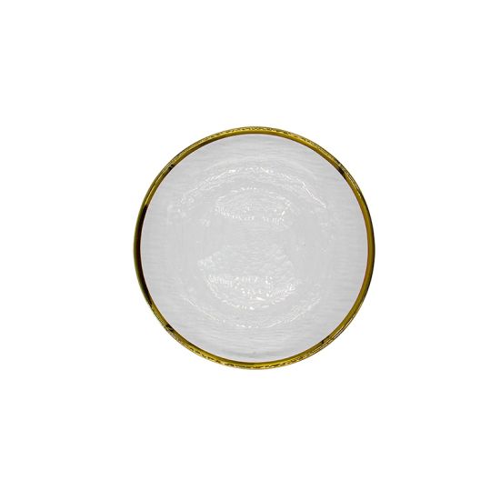 Eclipse dessert plate with white textured surface and thin metallic gold rim, round minimalist design on a white background for elegant table settings