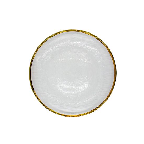 Eclipse salad plate with white textured finish and thin metallic gold rim, round classic design on a white background for weddings and events