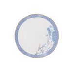 Lenox Garden Grove salad plate with blue patterned rim and delicate floral accents, white center, and thin gold edge on a white background