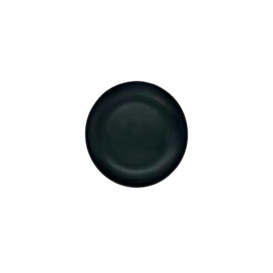 Matte black melamine dessert plate with smooth round shape and subtle rim, minimalist solid black plate on a white background