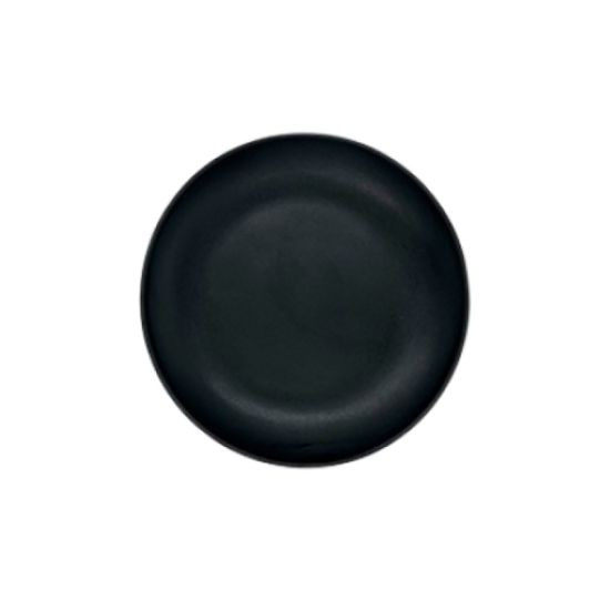 Matte black melamine salad plate with smooth round design and shallow rim, solid black minimalist plate on a white background