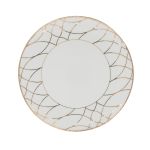 White dinner plate with thin gold rim and geometric gold line pattern around the edge, large round plate on a white background