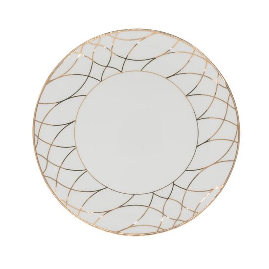 White dinner plate with thin gold rim and geometric gold line pattern around the edge, large round plate on a white background