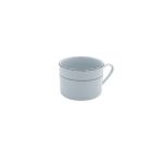 White coffee cup with silver rim detail and handle, shown on a white background