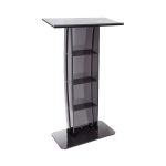 Black acrylic podium lectern with clear front panel and shelves, modern speaking stand for conferences, events, and presentations.