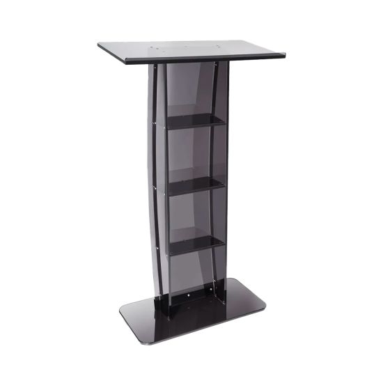 Black acrylic podium lectern with clear front panel and shelves, modern speaking stand for conferences, events, and presentations.