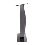 Black acrylic podium lectern with clear front panel and shelves, modern speaking stand for conferences, events, and presentations.