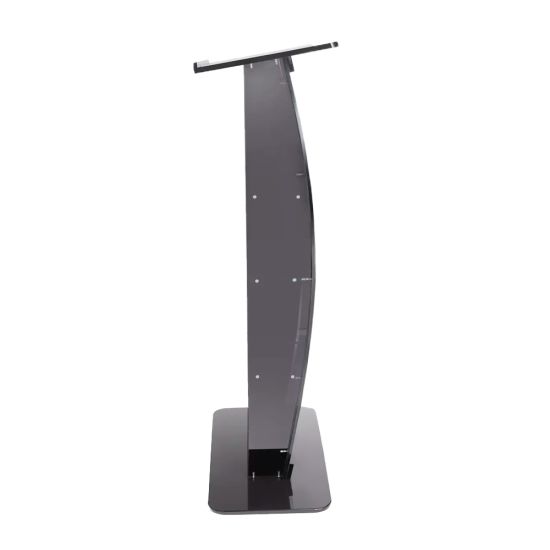 Black acrylic podium lectern with clear front panel and shelves, modern speaking stand for conferences, events, and presentations.