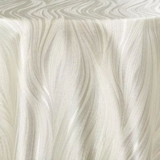 Ivory Charisma metallic sheen round event tablecloth draped over banquet table for weddings, receptions, and upscale party décor