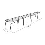 10'x70' curved event tent with black frame and clear arched roof, modern structure ideal for outdoor events and rentals