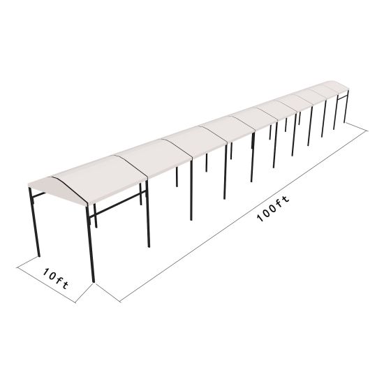 10'x100' curved event tent with black frame and white arched roof, modern structure for outdoor events and rental setups