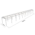 10'x100' curved event tent with silver frame and clear arched roof, modern structure ideal for outdoor events and rentals