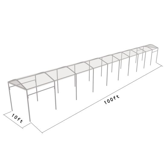 10'x100' curved event tent with silver frame and clear arched roof, modern structure ideal for outdoor events and rentals