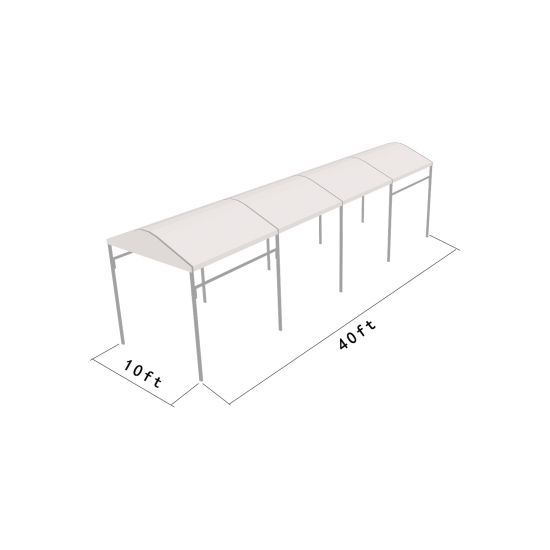 10'x40' curved event tent with silver frame and white arched roof, modern structure for outdoor events and rental setups
