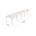 10'x100' curved event tent with silver frame and white arched roof, modern structure for outdoor events and rental setups