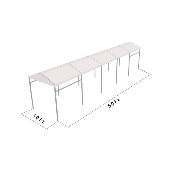 10'x100' curved event tent with silver frame and white arched roof, modern structure for outdoor events and rental setups