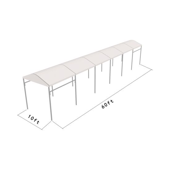10'x60' curved event tent with silver frame and white arched roof, modern structure for outdoor events and rental setups