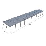 20'x100' curved event tent with black frame and clear arched roof, open-sided modern event structure shown in product rendering with labeled dimensions