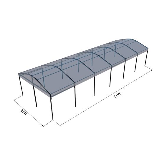 20'x60' curved event tent with black frame and clear arched roof, open-sided modern event structure shown in product rendering with labeled dimensions